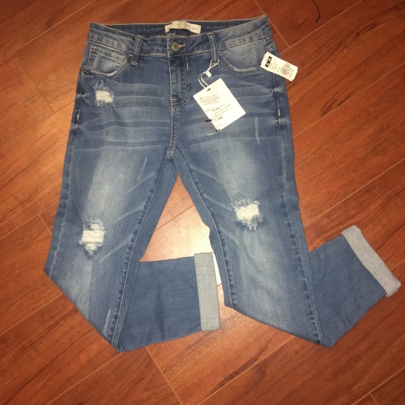 Distressed Skinny Denim Jeans Mid-Rise Calf Pants - Picture 3 of 5